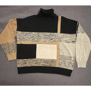 Edinburgh Knitwear Turtleneck Size Large Grey Black Tan Patch Sweater